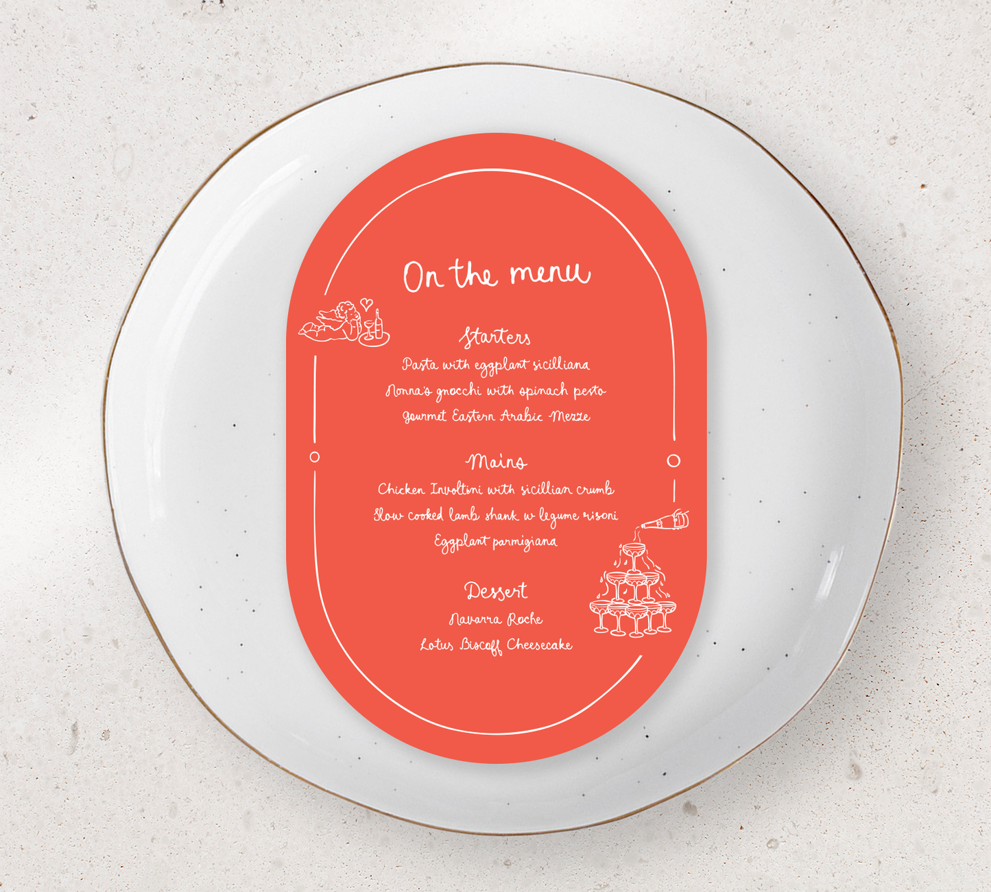 Oval Guest menu from our limoncello collection - White ink on Cayenne card