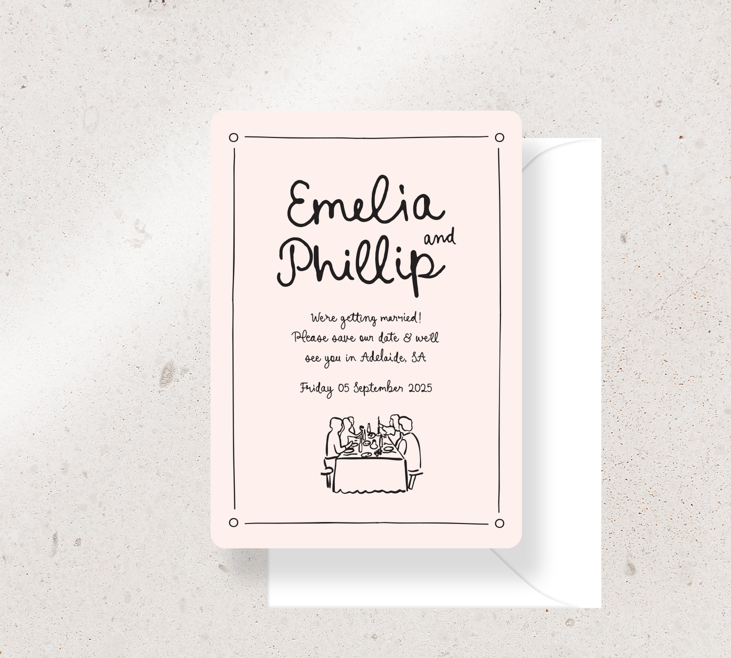 Save the Date Announcement Card from our Limoncello Collection - Black ink on Nude card, paired here with a White envelope
