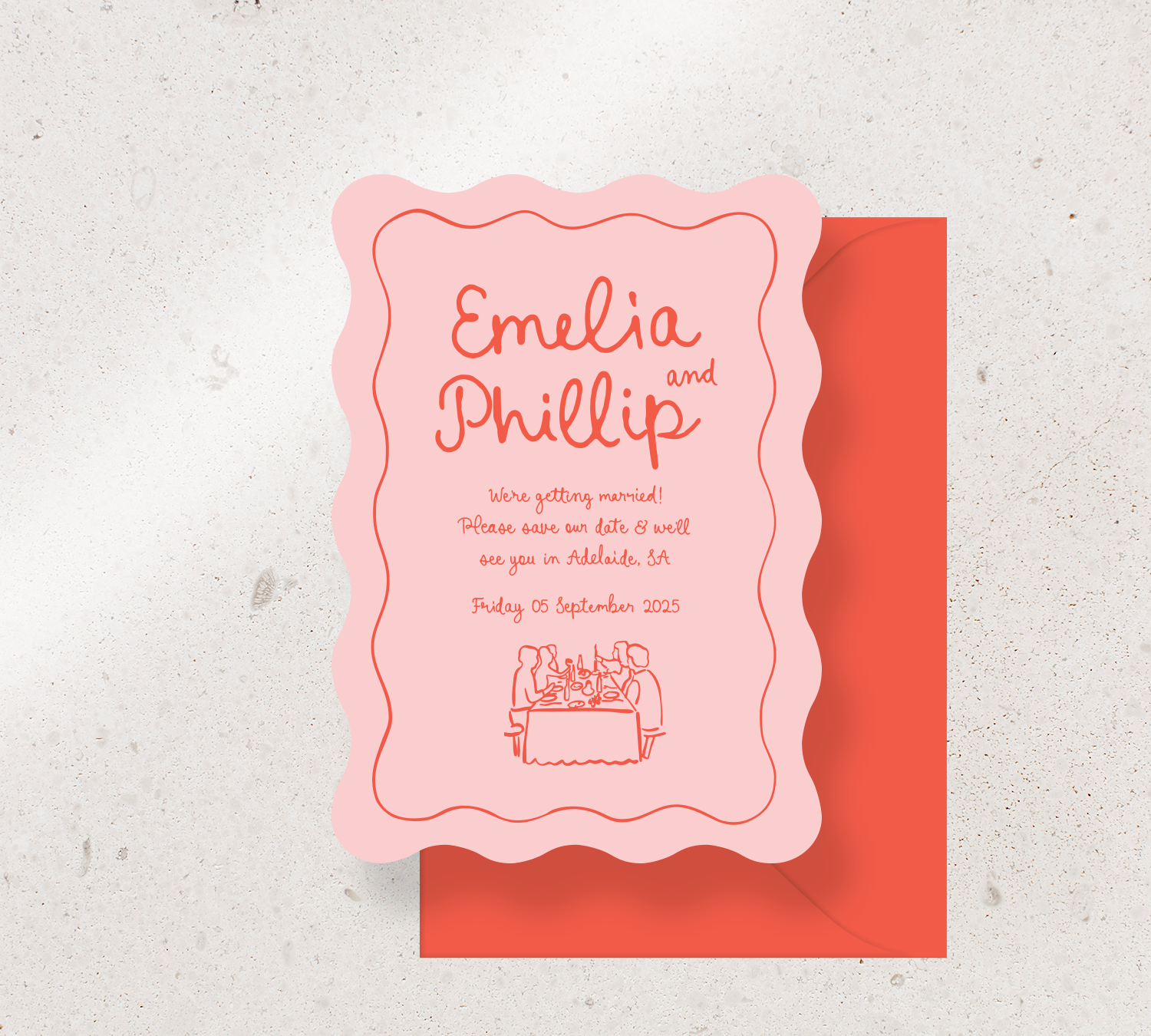 Save the Date Announcement Card from our Limoncello Collection - Cayenne ink on Rosa card, paired here with a Cayenne envelope