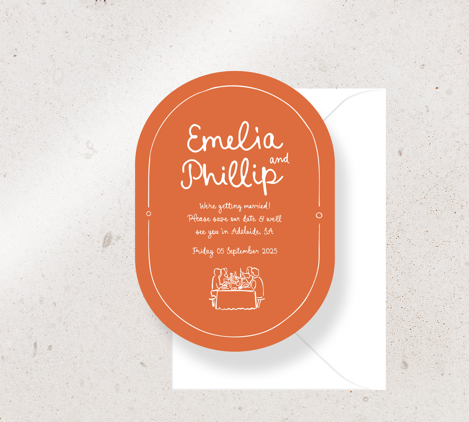 Oval Save the Date Announcement Card from our Limoncello Collection - White ink on Burnt Orange card, paired here with a White envelope