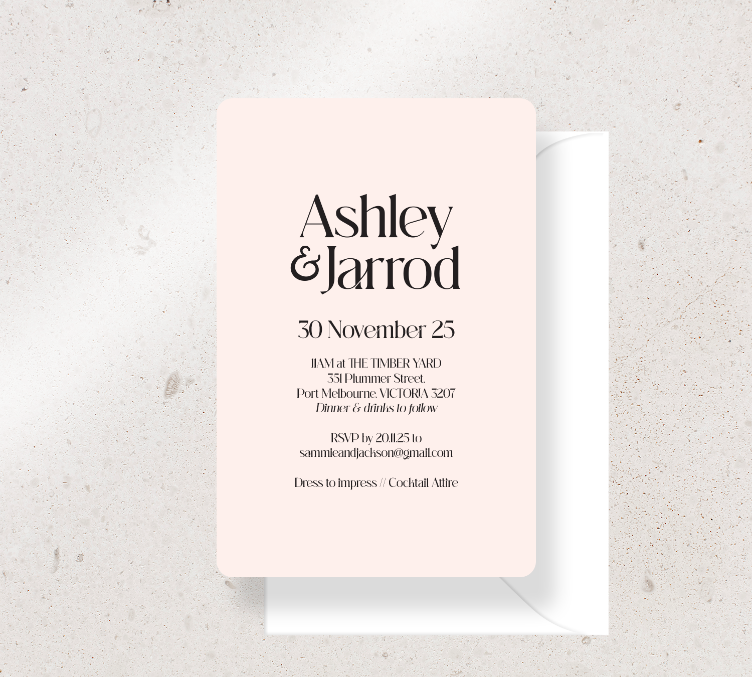 Customisable invitation design from our Love Note collection - Black ink on Nude card, paired here with a White Envelope