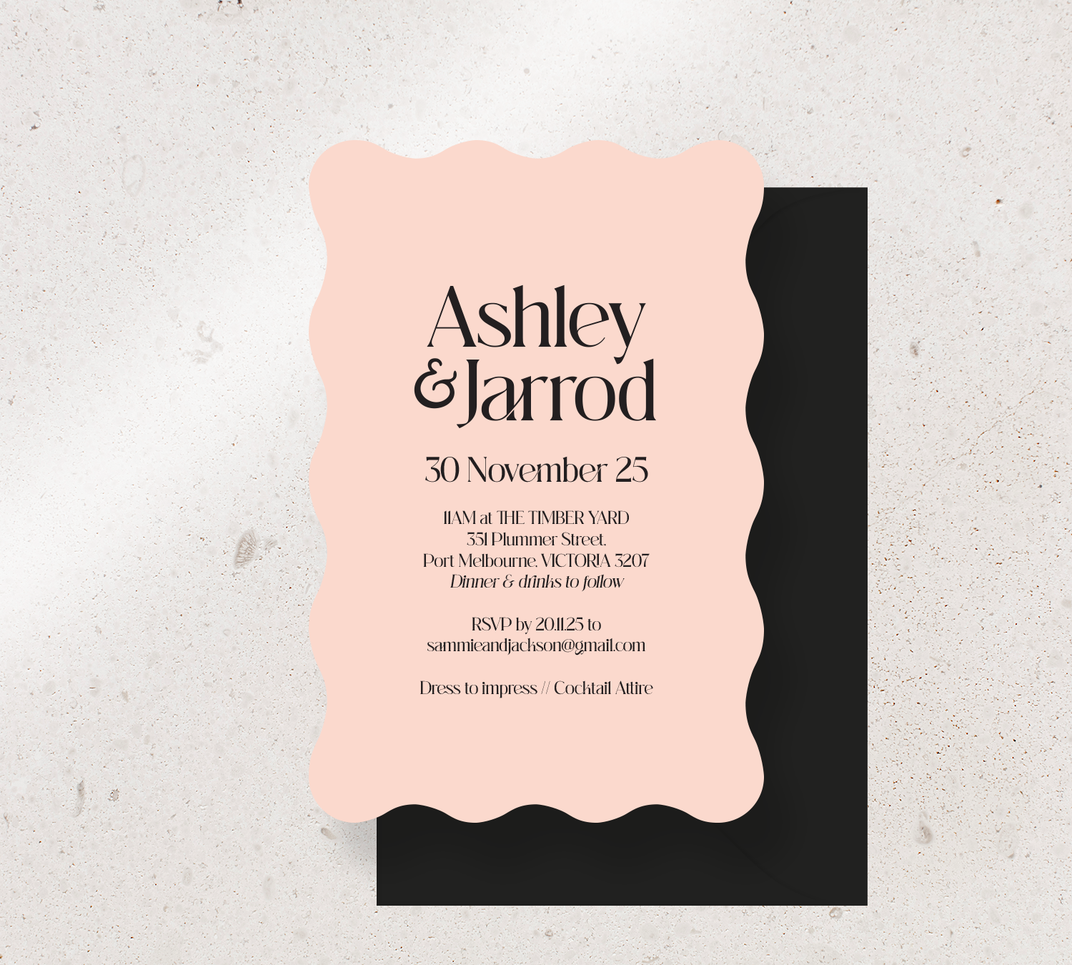 Customisable Wave invitation design from our Love Note collection - Black ink on Blush card, paired here with a Black Envelope