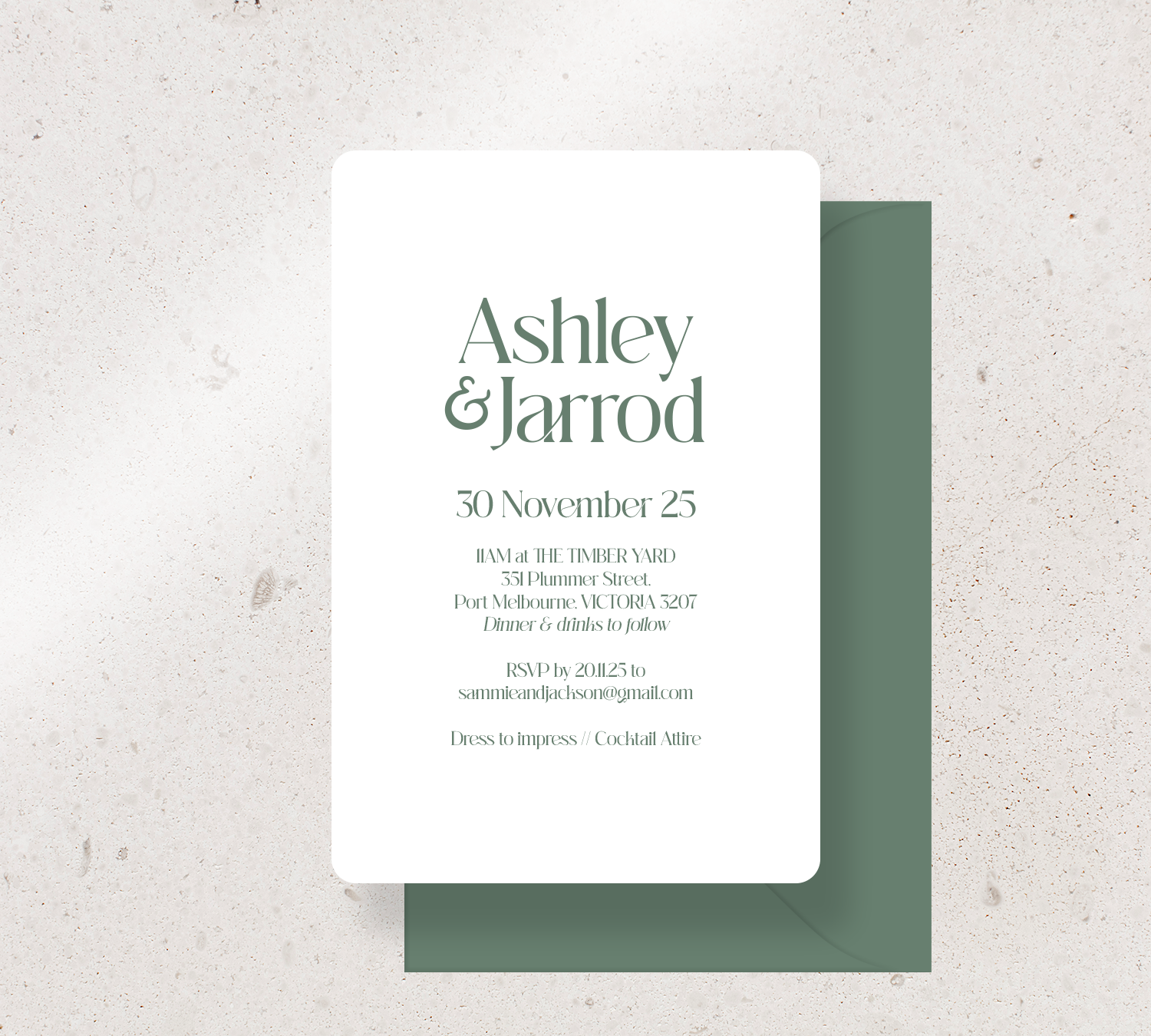 Customisable invitation design from our Love Note collection - Seedling Green ink on White card, paired here with a Seedling Green Envelope