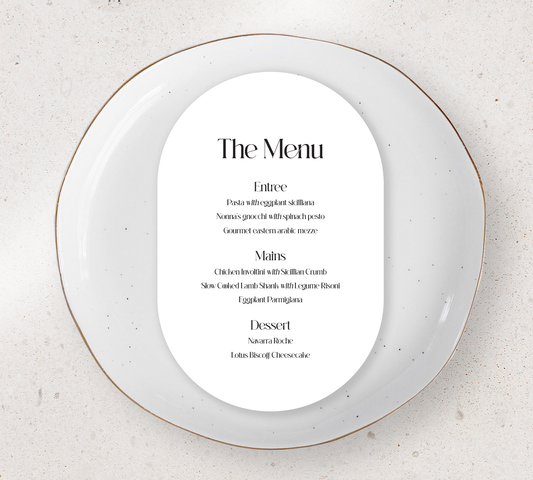 Oval Guest menu's from our Love Note collection - Black ink on white card
