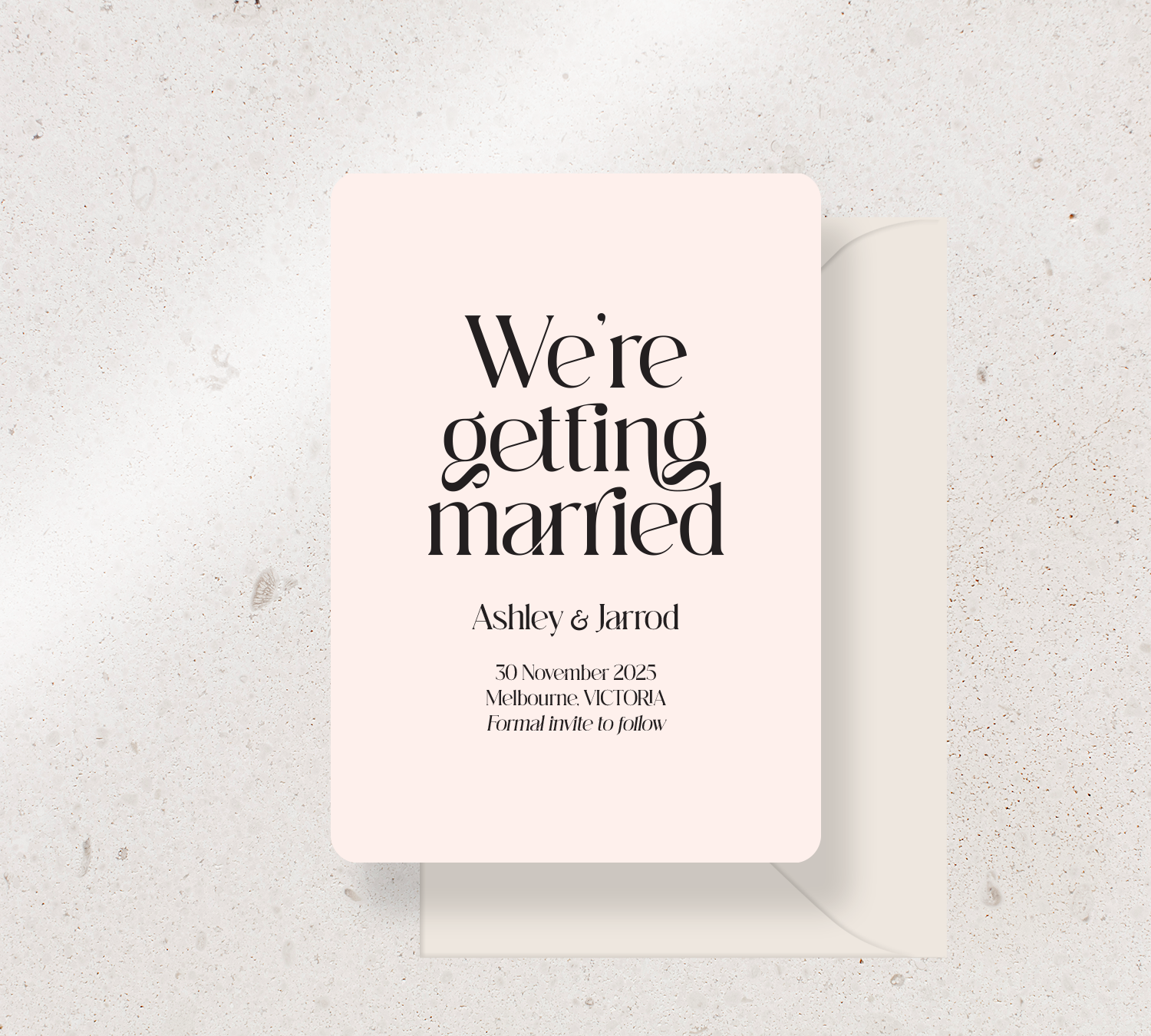 Save the Date Announcement Card from our Love Note Collection - Black ink on Nude card, paired here with an Almond envelop