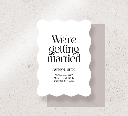 Wave Save the Date Announcement Card from our Love Note Collection - Black ink on White card, paired here with a Stone envelope