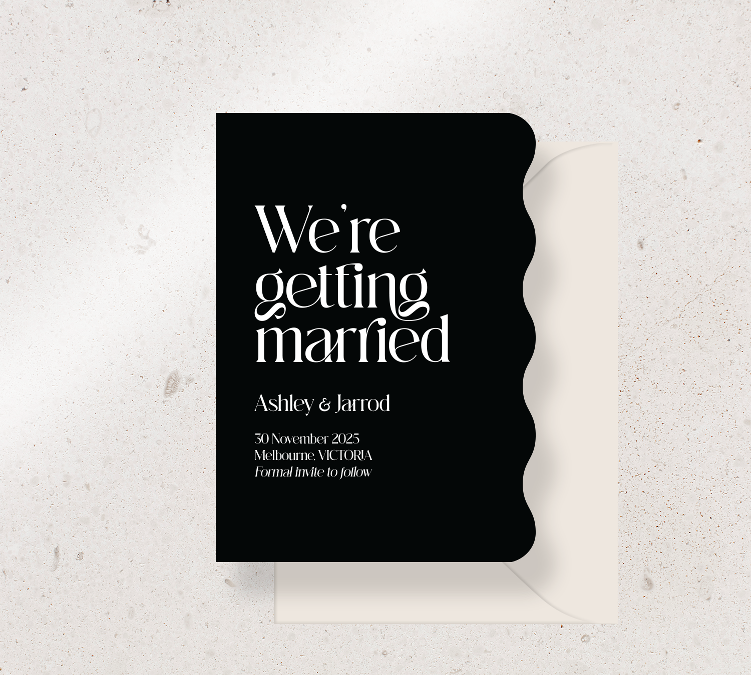 Wiggle shape Save the Date Announcement Card from our Love Note Collection - White ink on Black card, paired here with an Almond envelope