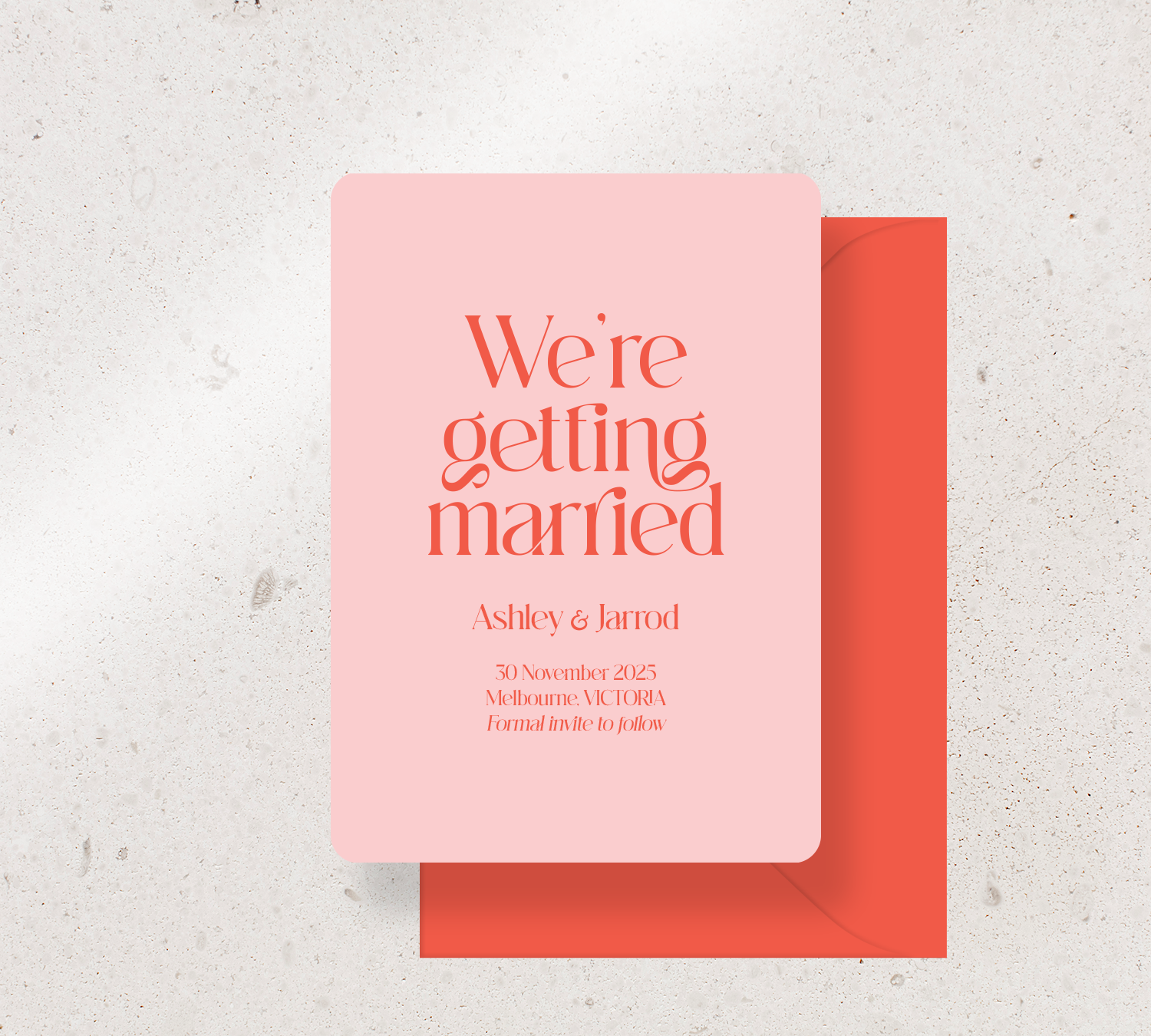 Save the Date Announcement Card from our Love Note Collection - Cayenne ink on Rosa card, paired here with a Cayenne envelope