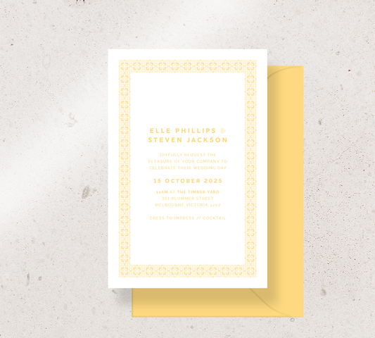 Customisable invitation design from our Grace collection - Yellow ink on white card, paired here with a yellow envelope