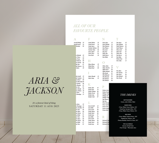 Cost effective Signage Trio from our Paragon collection - Welcome sign, Seating chart & Bar Sign Combo