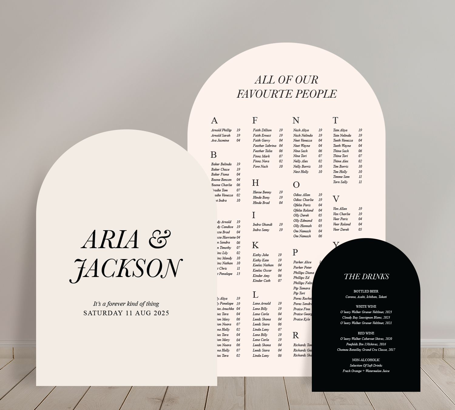 Cost effective Signage Trio from our Paragon collection - Welcome sign, Seating chart & Bar Sign Combo