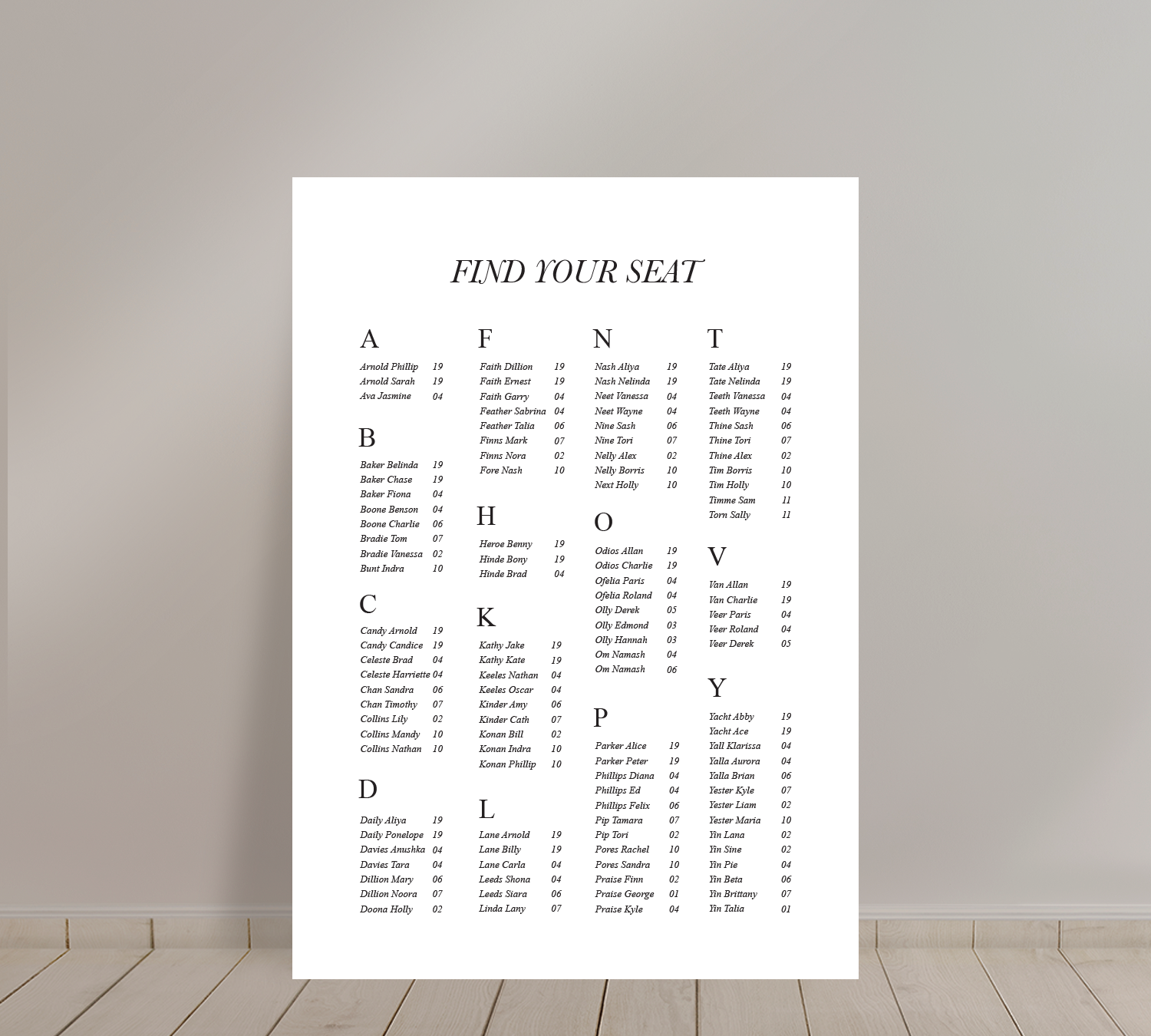 A1 Guest Seating Chart from our Paragon collection