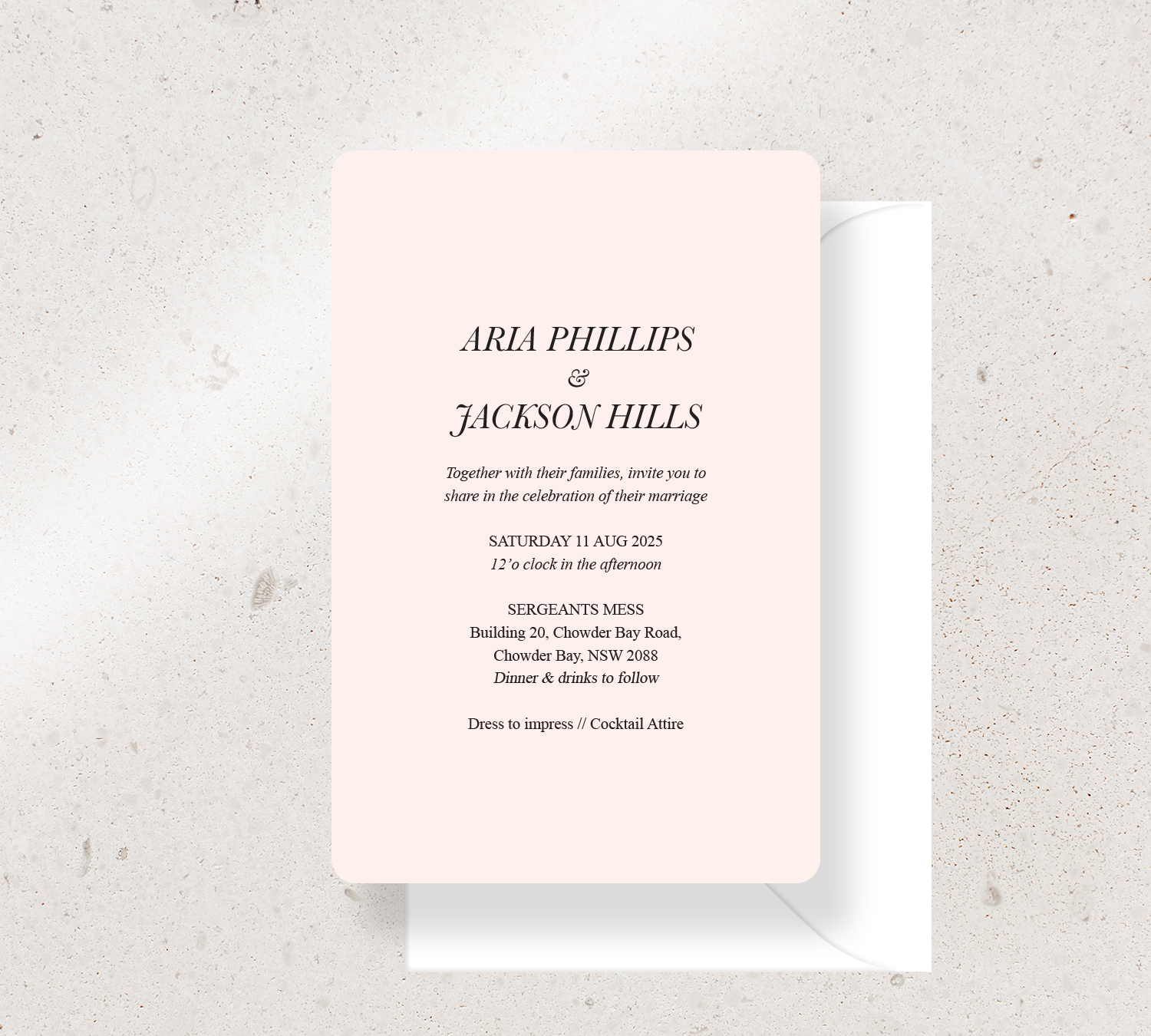 Customisable invitation design from our Paragon collection - Black ink on Nude card, paired here with a White envelope