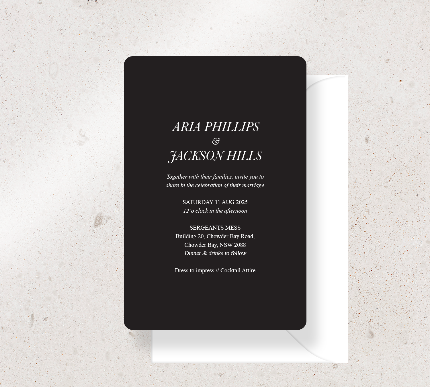 Customisable invitation design from our Paragon collection - White ink on Black card, paired here with a White envelope