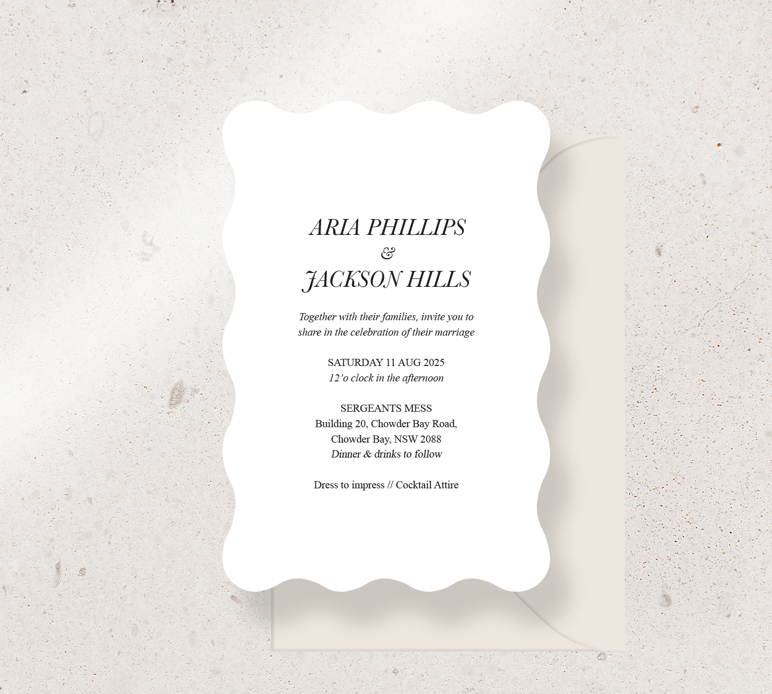 Customisable invitation design from our Paragon collection - Black ink on White card, paired here with an Almond envelope