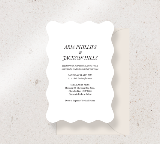 Customisable invitation design from our Paragon collection - Black ink on White card, paired here with an Almond envelope