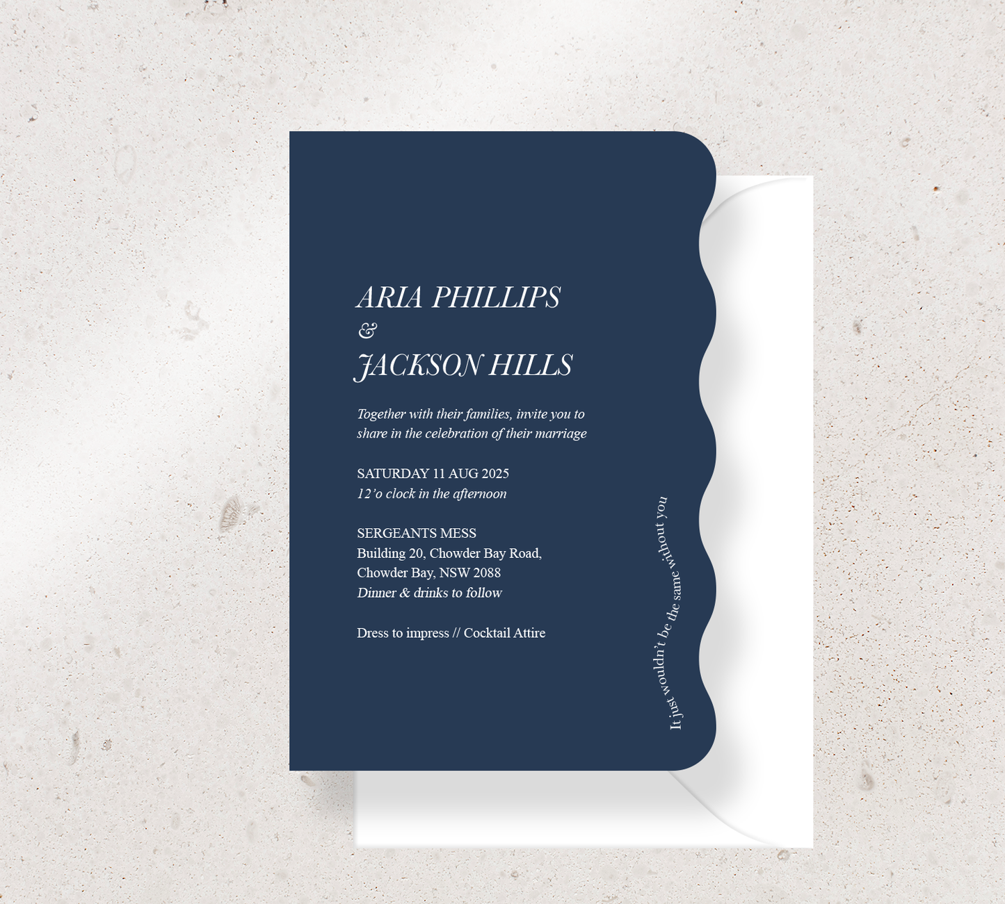 Customisable Wiggle shaped invitation design from our Paragon collection - White ink on Navy card, paired here with a White envelope