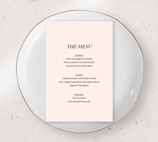 Guest menu's from our Paragon collection - Black ink on Nude card