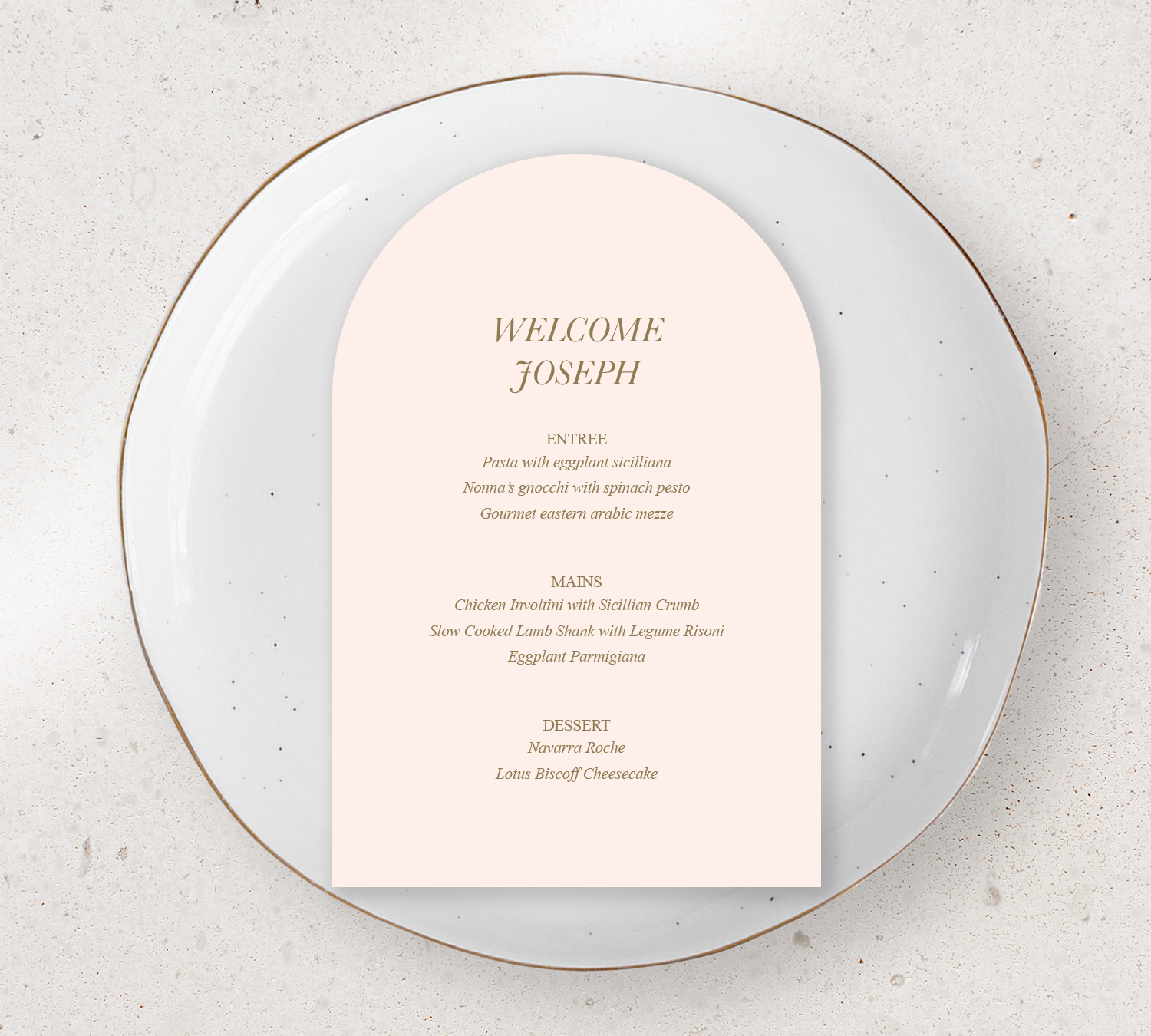 Arch Guest menu's from our Paragon collection - Olive ink on Nude card