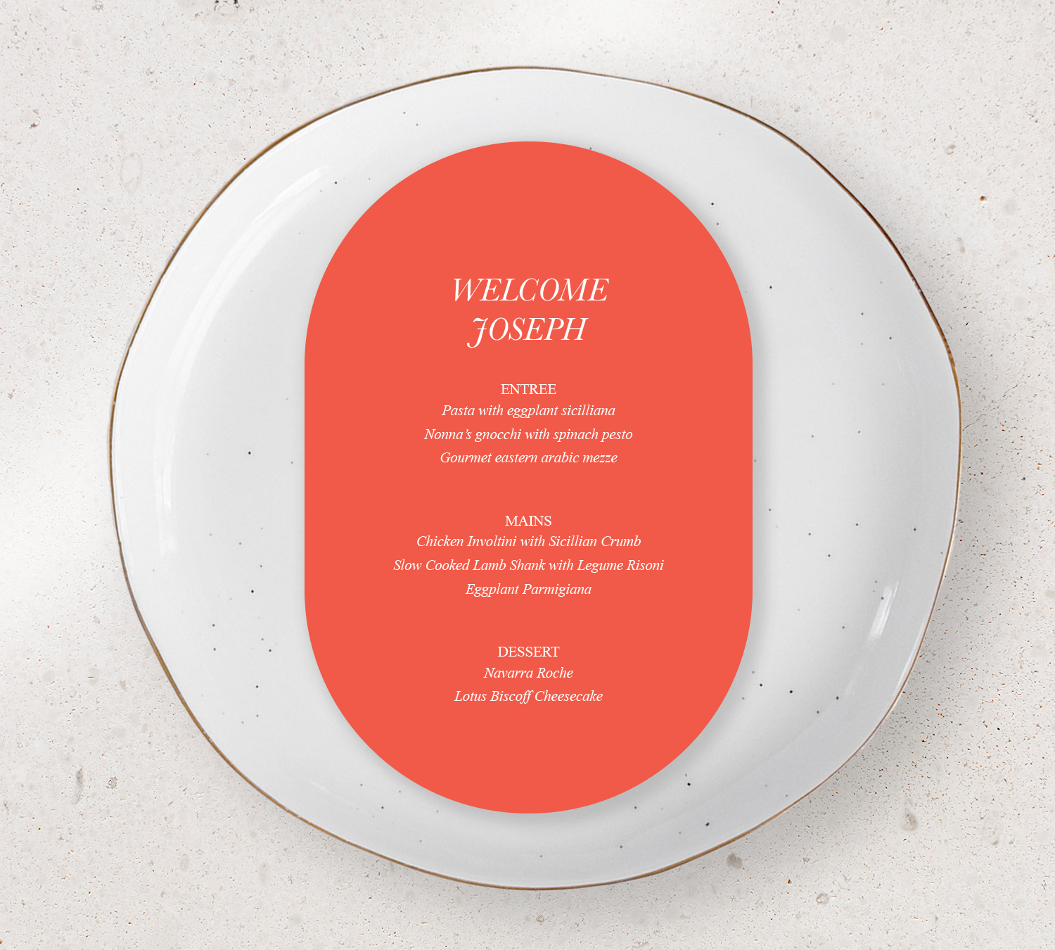 Oval Guest menu's from our Paragon collection - White ink on Cayenne card