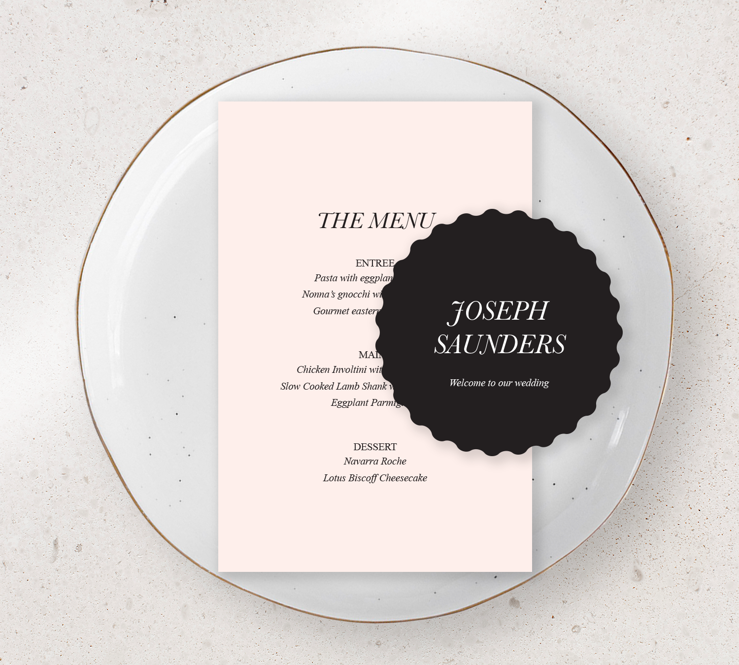 Place setting from our Paragon collection - Guest Menu and Place Card Combo