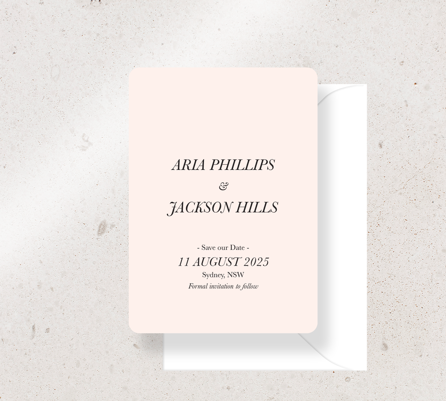 Save the Date Announcement Card from our Paragon Collection - Black ink on Nude card, paired here with a White envelope