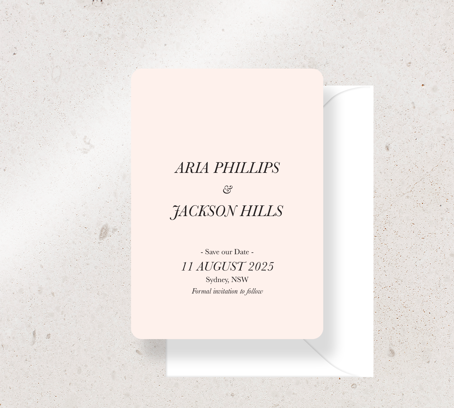 Save the Date Announcement Card from our Paragon Collection - Black ink on Nude card, paired here with a White envelope