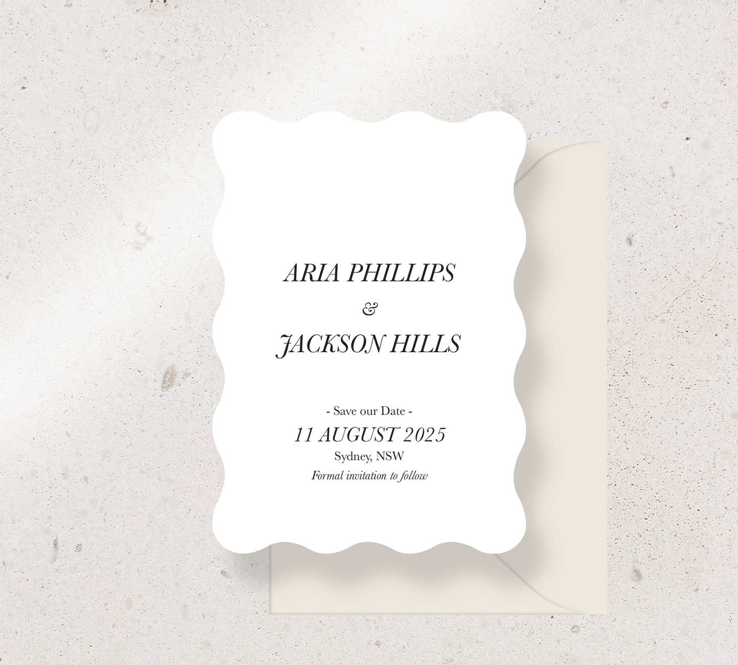 Wave Save the Date Announcement Card from our Paragon Collection - Black ink on White card, paired here with an Almond envelope
