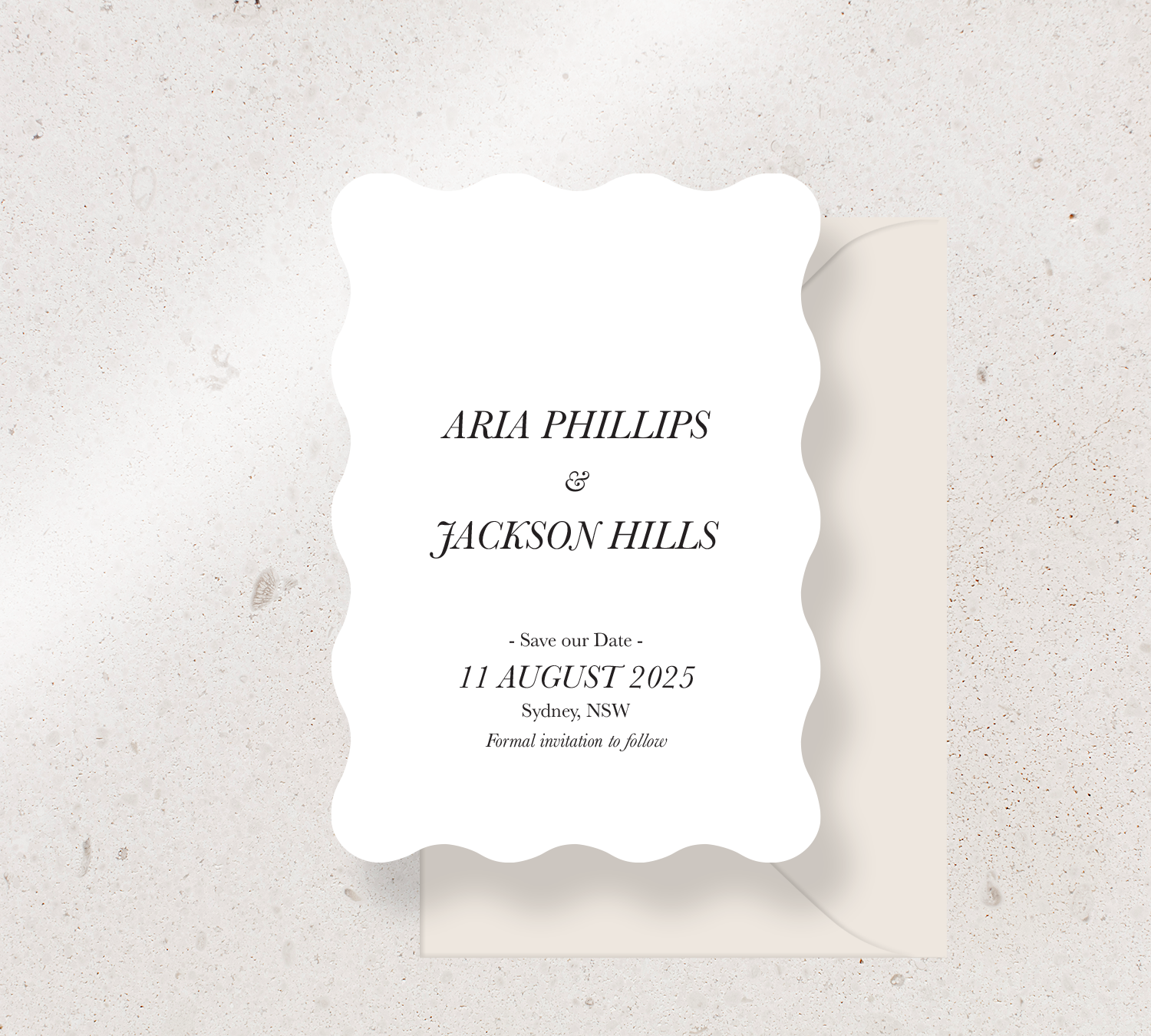 Wave Save the Date Announcement Card from our Paragon Collection - Black ink on White card, paired here with an Almond envelope
