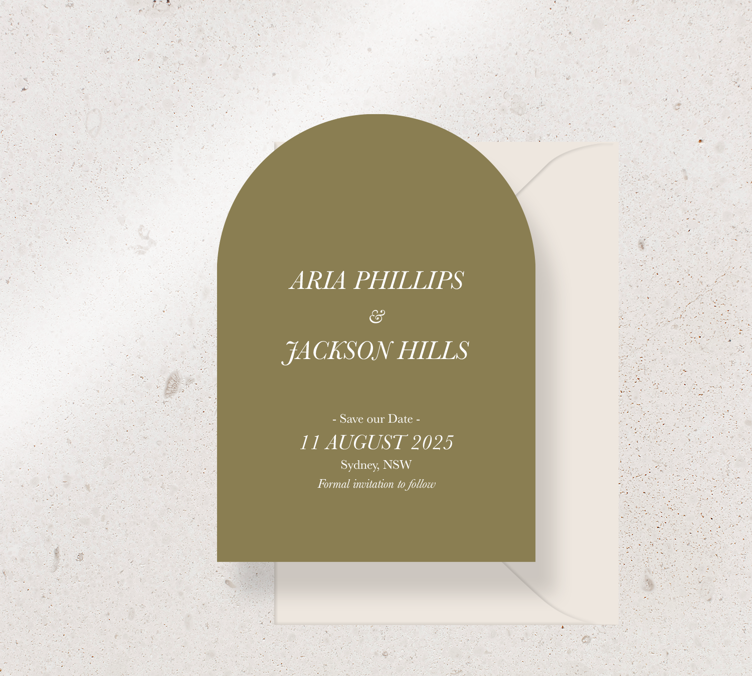 Arch Save the Date Announcement Card from our Paragon Collection - White ink on Olive card, paired here with an Almond envelope