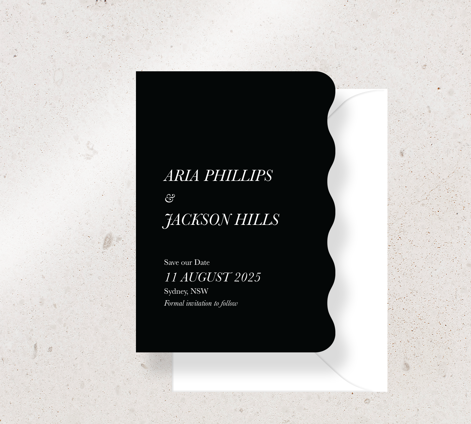 Wiggle shape Save the Date Announcement Card from our Paragon Collection - White ink on Black card, paired here with a White envelope