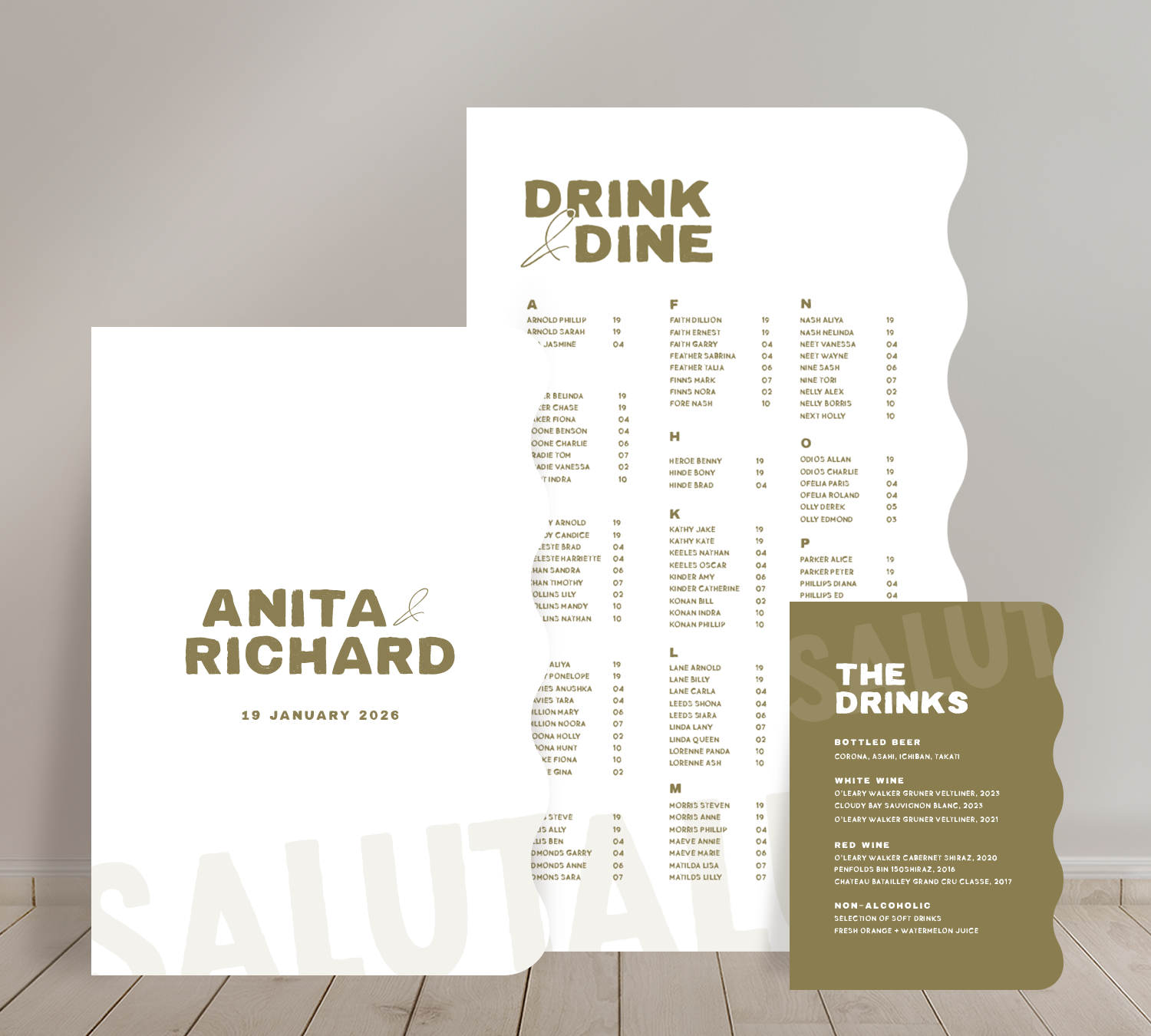 Cost effective Signage Trio from our Salut collection - Welcome sign, Seating chart & Bar Sign Combo