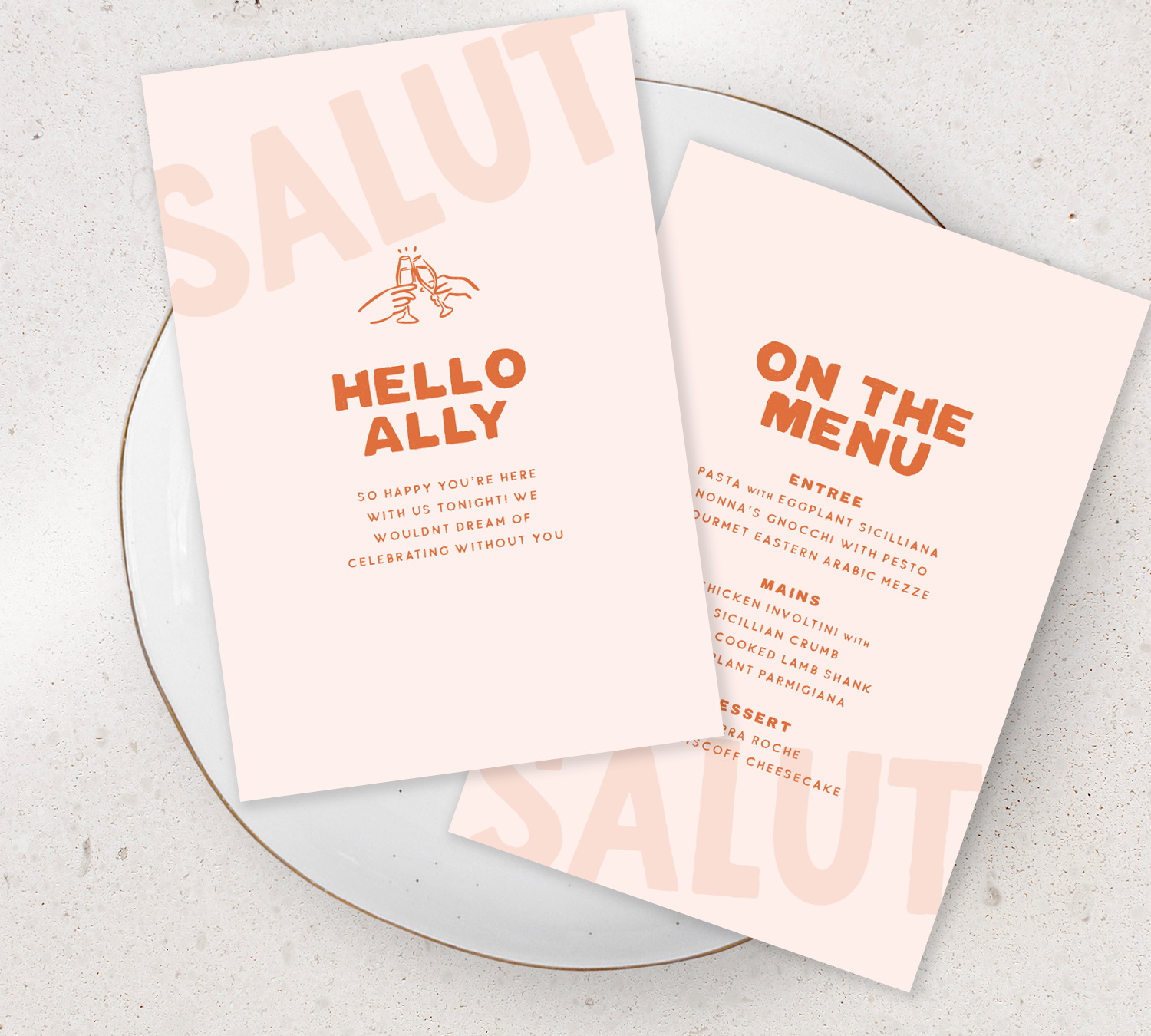 Double sided Guest Menu from our Salut Collection - Burnt orange ink on Nude card