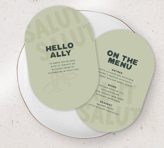 Double sided oval Guest Menu from our Salut Collection - Hunter green ink on sage card