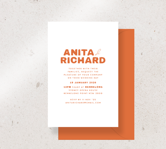 Customisable invitation design from our Salut collection - Burnt orange ink on white card, paired here with a burnt orange envelope