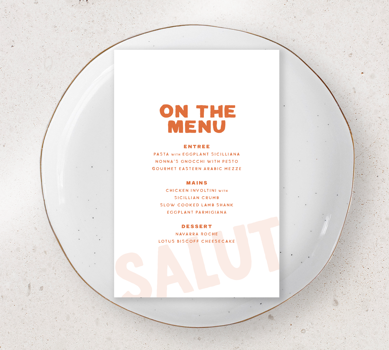 Guest Menu from our Salut Collection - Burnt orange ink on White card