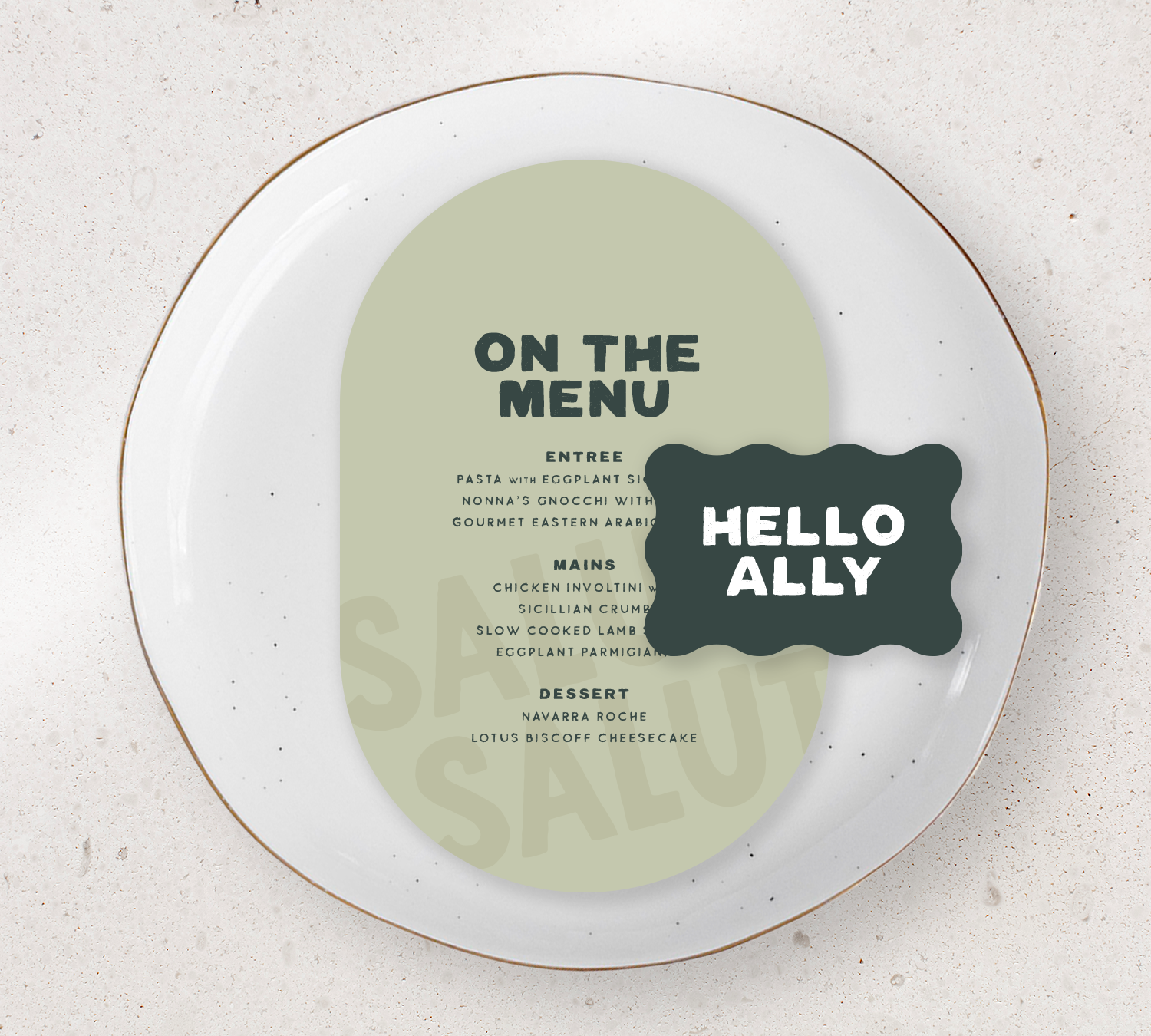 Place setting from our Salut collection - Guest Menu and Place Card Combo