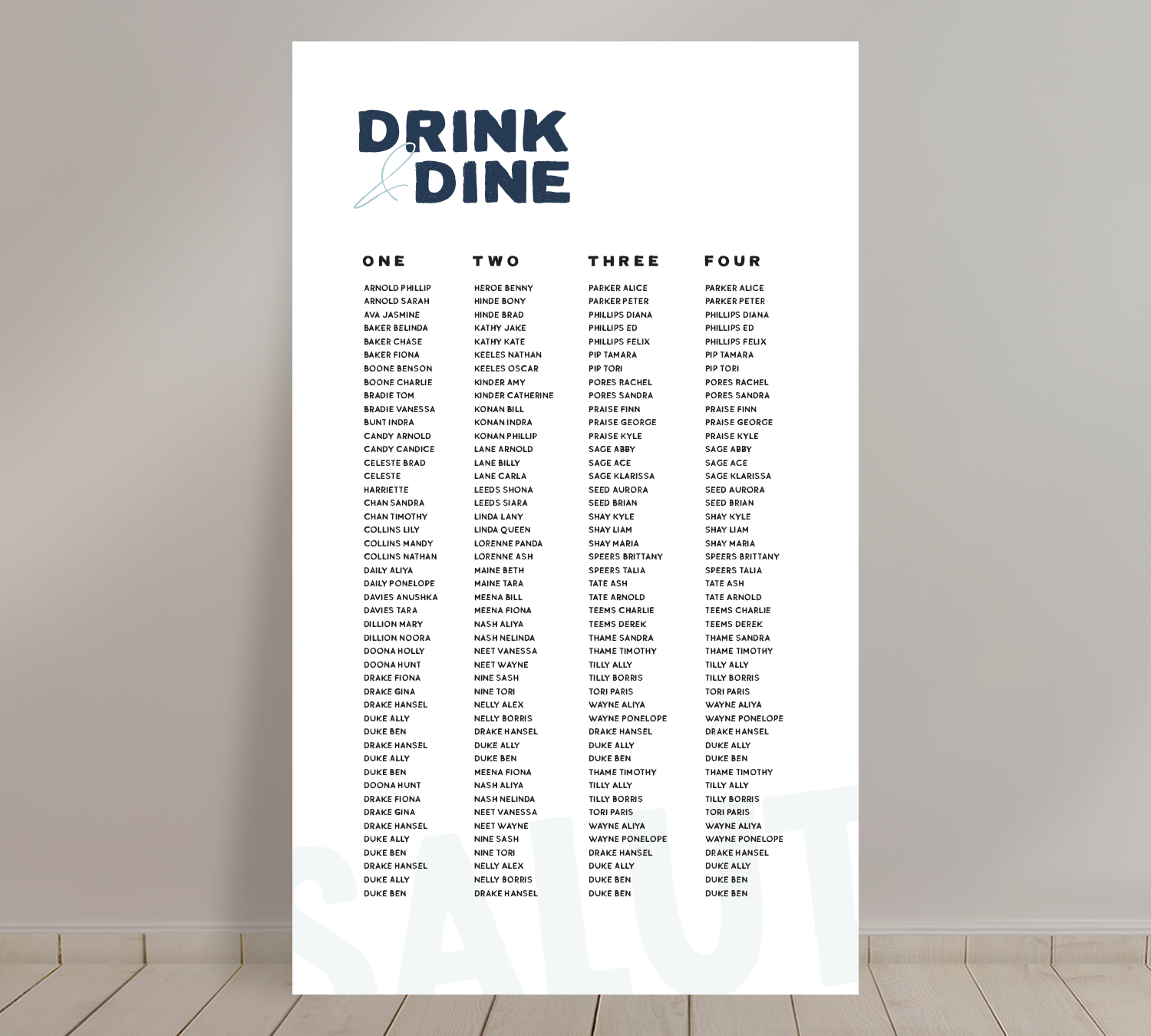 Tall A1 Guest Seating Chart from our Salut collection