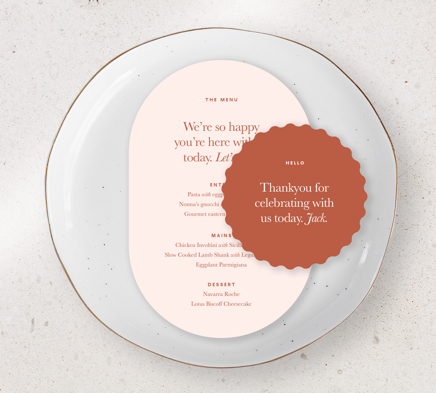 Place setting from our Grande collection - Guest Menu and Place Card Combo
