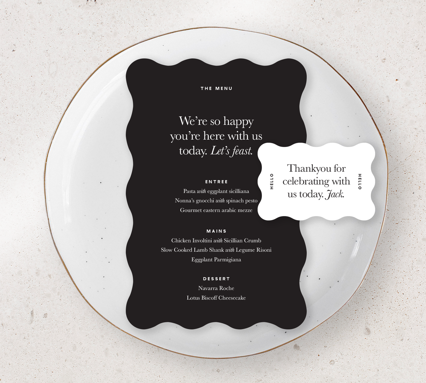 Place setting from our Grande collection - Guest Menu and Place Card Combo