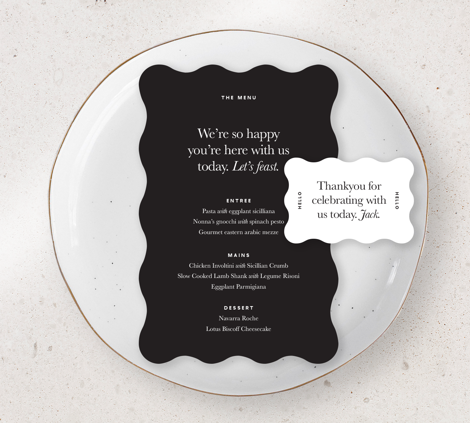 Place setting from our Grande collection - Guest Menu and Place Card Combo