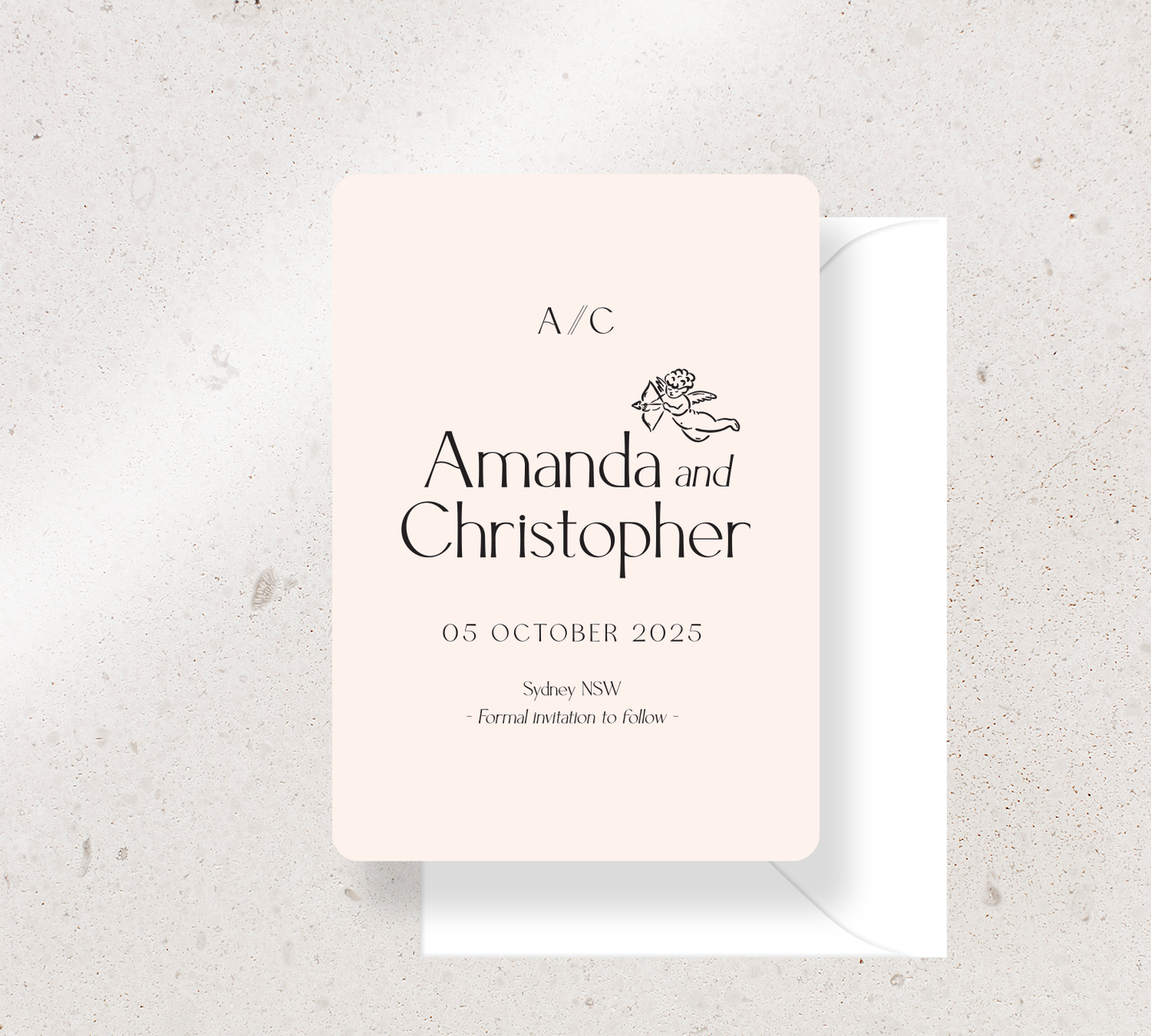 Save the Date Announcement Card from our Forever Collection - Black ink on Nude card, paired here with a White envelope