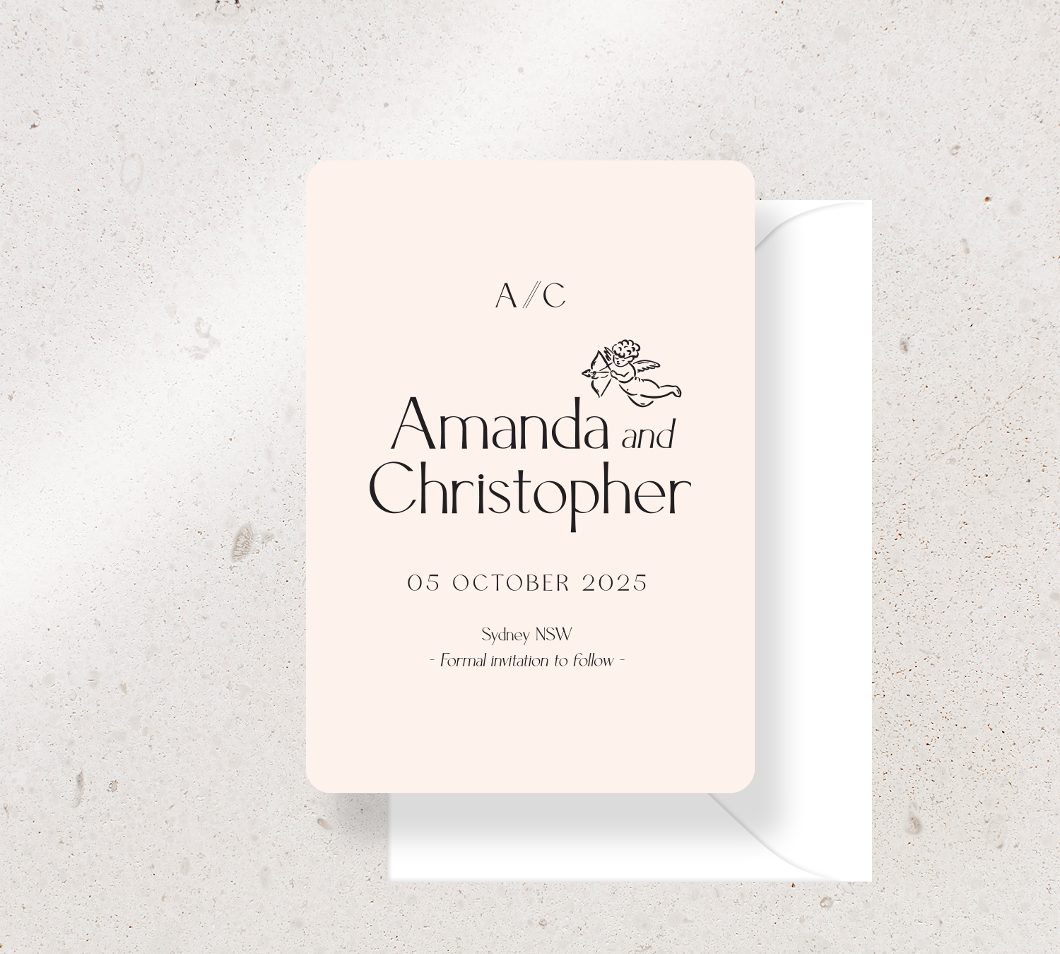 Save the Date Announcement Card from our Forever Collection - Black ink on Nude card, paired here with a White envelope