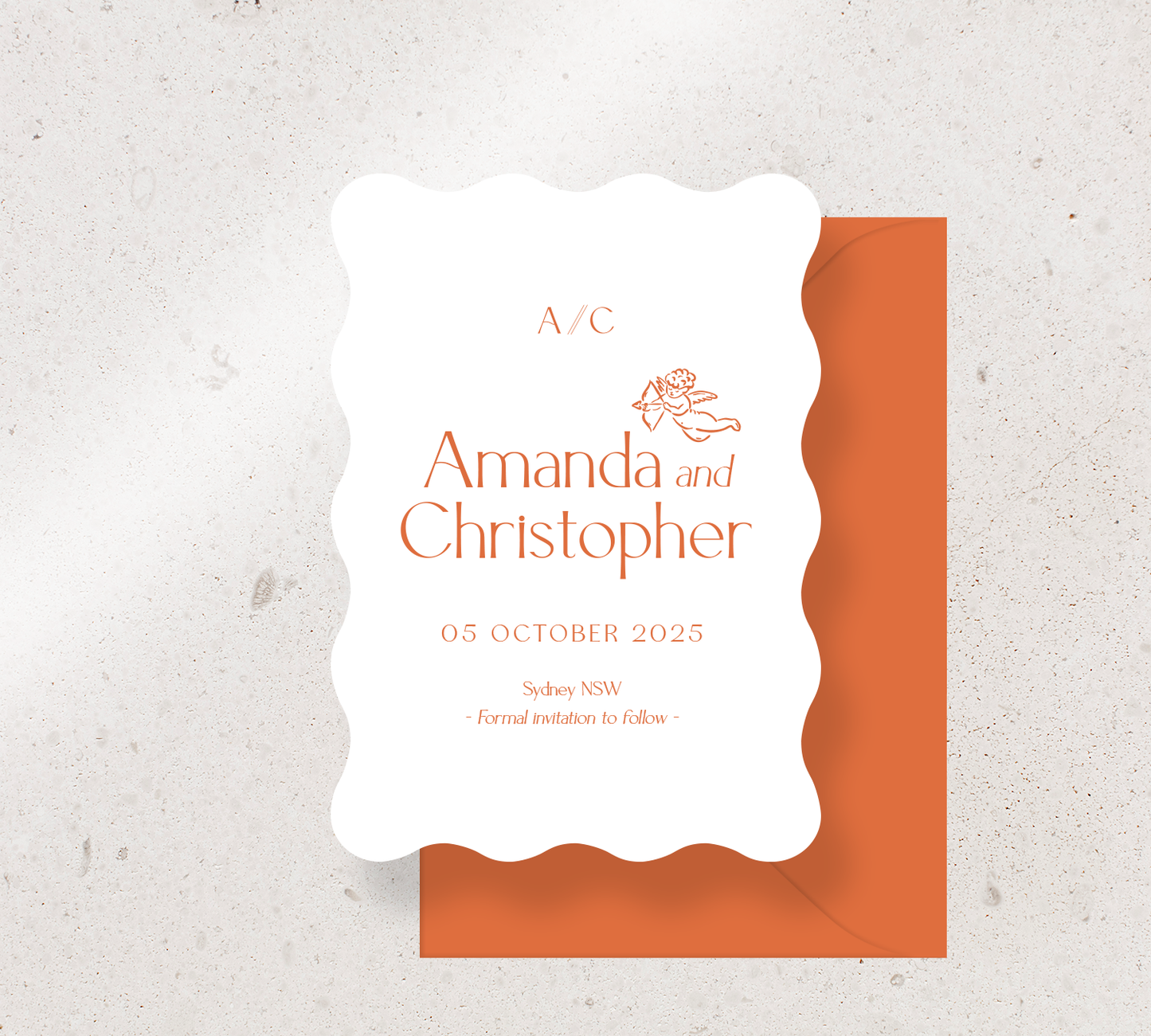 Wave Save the Date Announcement Card from our Forever Collection - Burnt Orange ink on White card, paired here with a Burnt Orange envelope