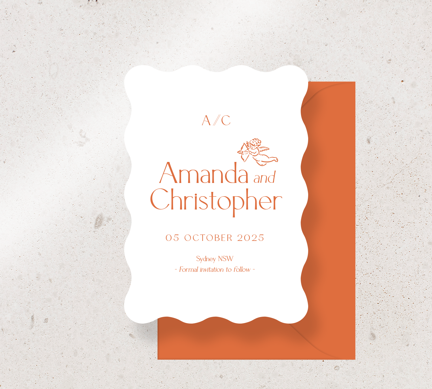 Wave Save the Date Announcement Card from our Forever Collection - Burnt Orange ink on White card, paired here with a Burnt Orange envelope