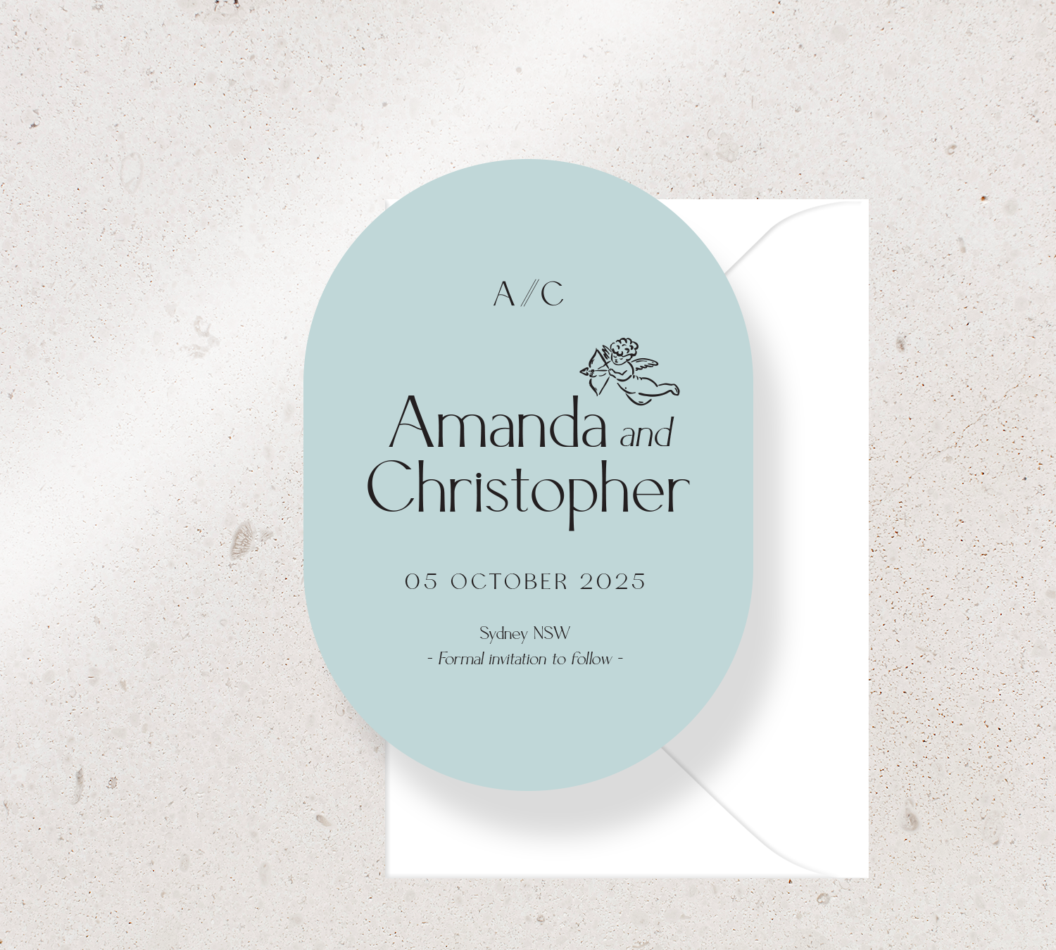 Oval Save the Date Announcement Card from our Forever Collection - Black ink on Duck egg blue card, paired here with a White envelope