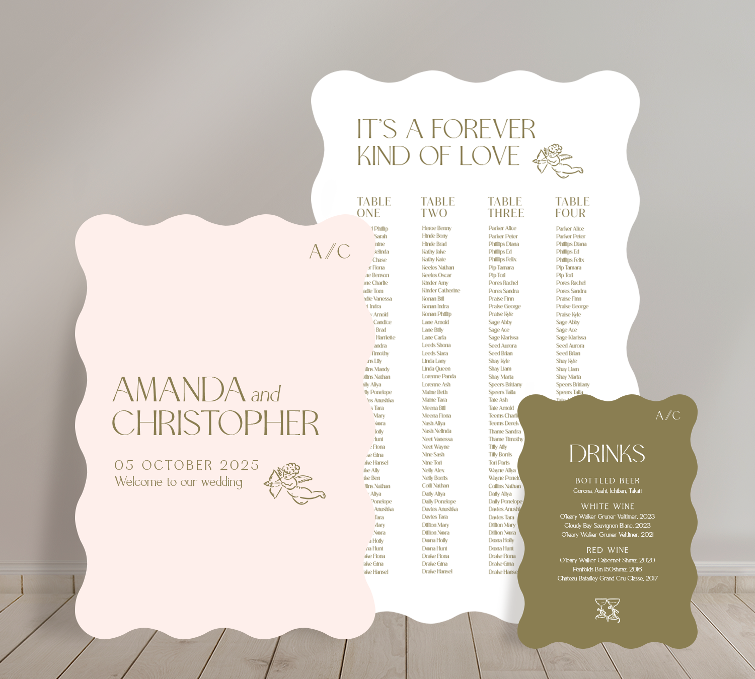 Cost effective Signage Trio from our Forever collection - Welcome sign, Seating chart & Bar Sign Combo