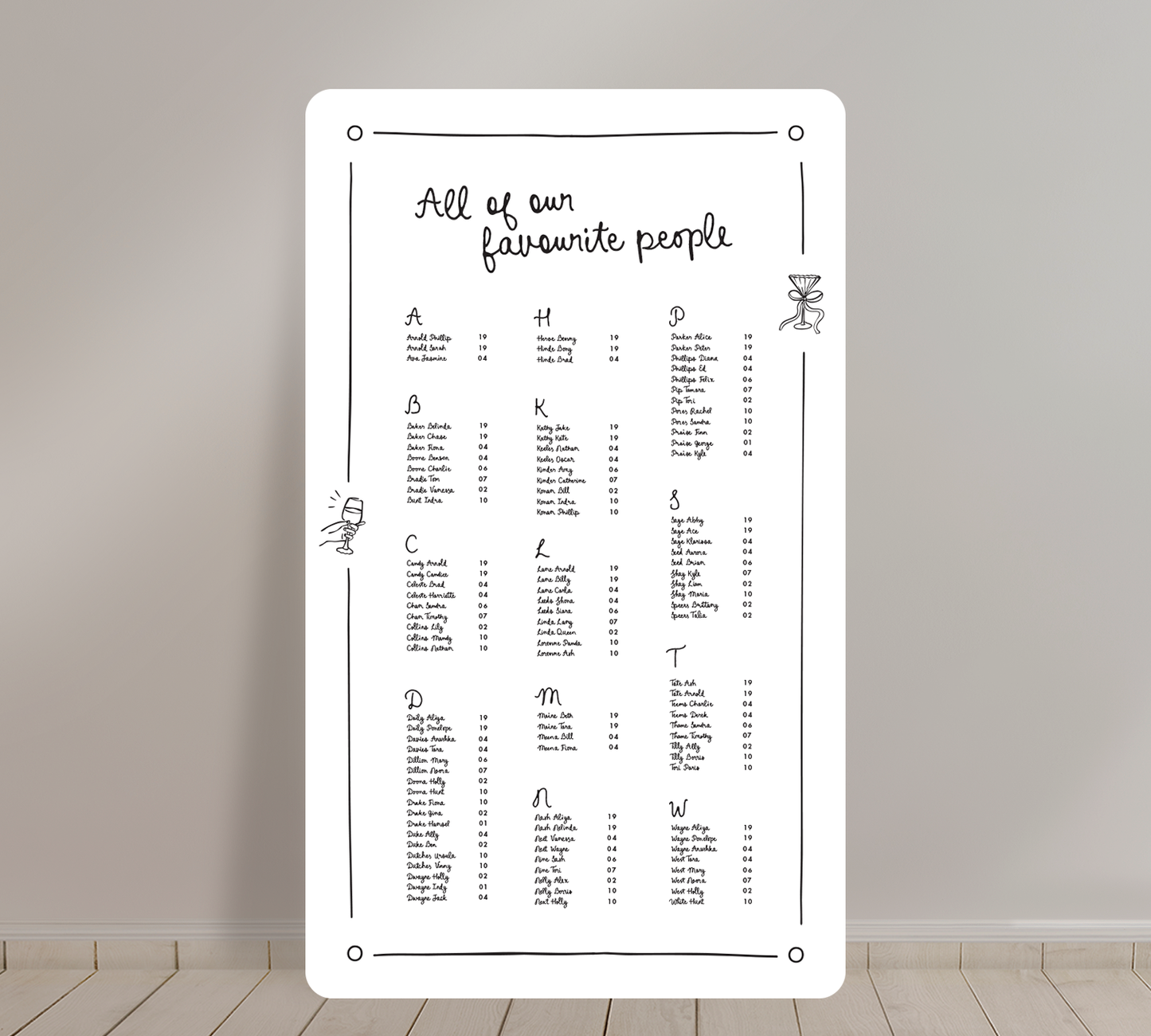 Tall A1 Guest Seating Chart from our Limoncello collection