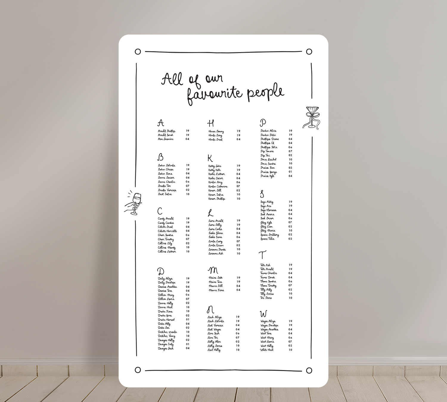 Tall A1 Guest Seating Chart from our Limoncello collection