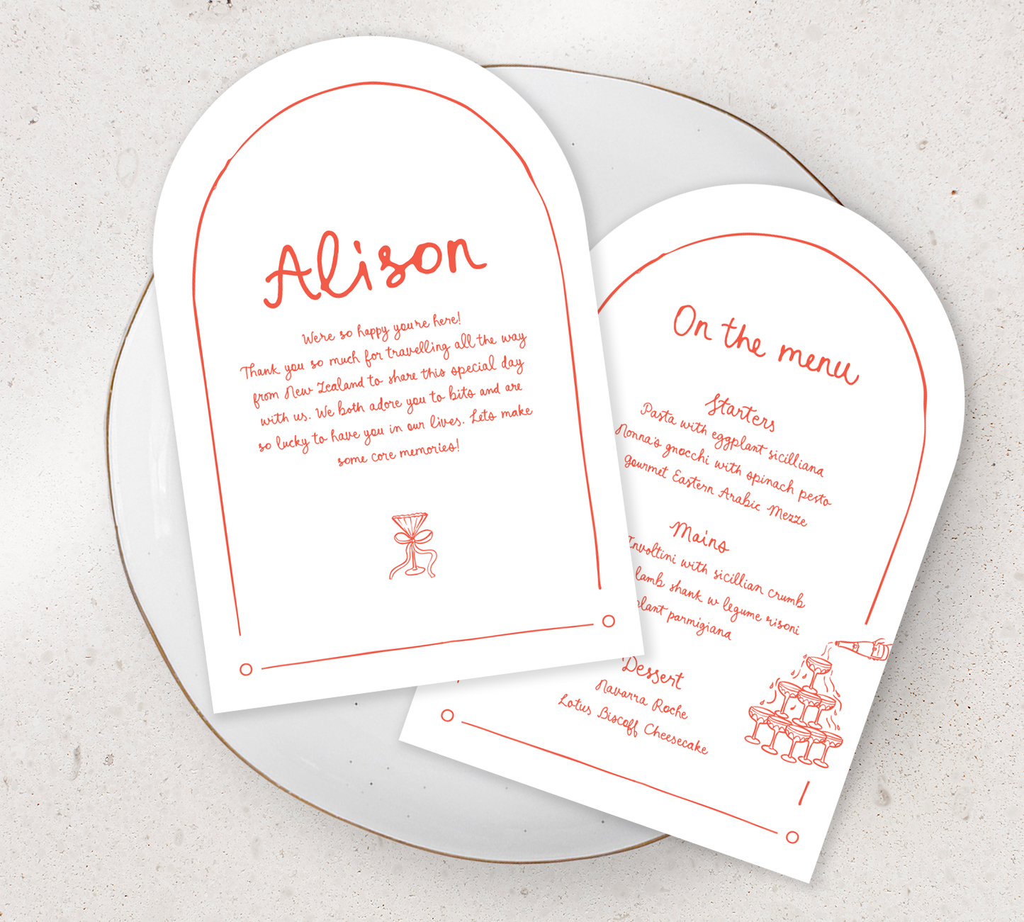 Double sided arch Guest menu from our limoncello collection - Cayenne ink on white card